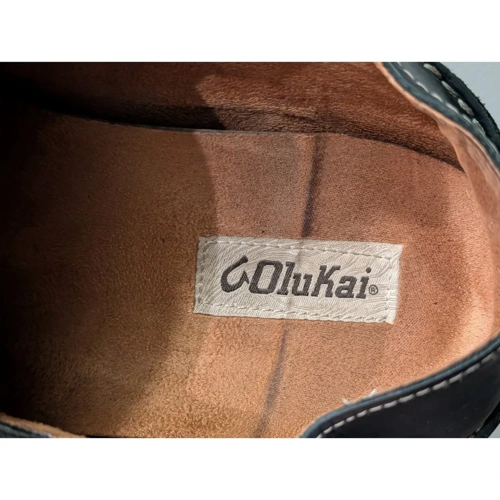 OluKai Mens Moloā Leather Slip On Shoes Black Toffee Size 11.5 Nubuck Drop Heel